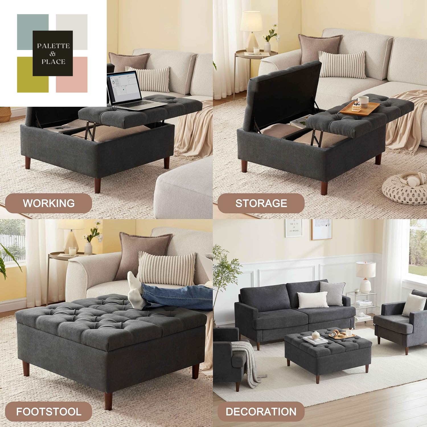 35 Inch Extra Large Storage Ottoman Coffee Table, No Assembly Required, Oversized Square Ottoman with Storage, Tufted Upholstered Ottomans Coffee Table for Living Room (Fabric, Dark Grey)