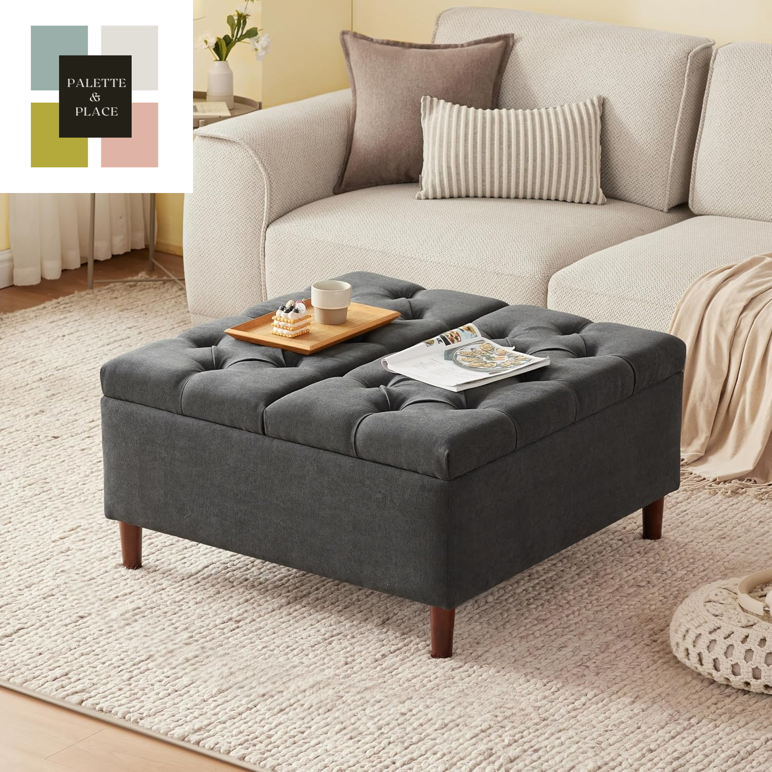 35 Inch Extra Large Storage Ottoman Coffee Table, No Assembly Required, Oversized Square Ottoman with Storage, Tufted Upholstered Ottomans Coffee Table for Living Room (Fabric, Dark Grey)