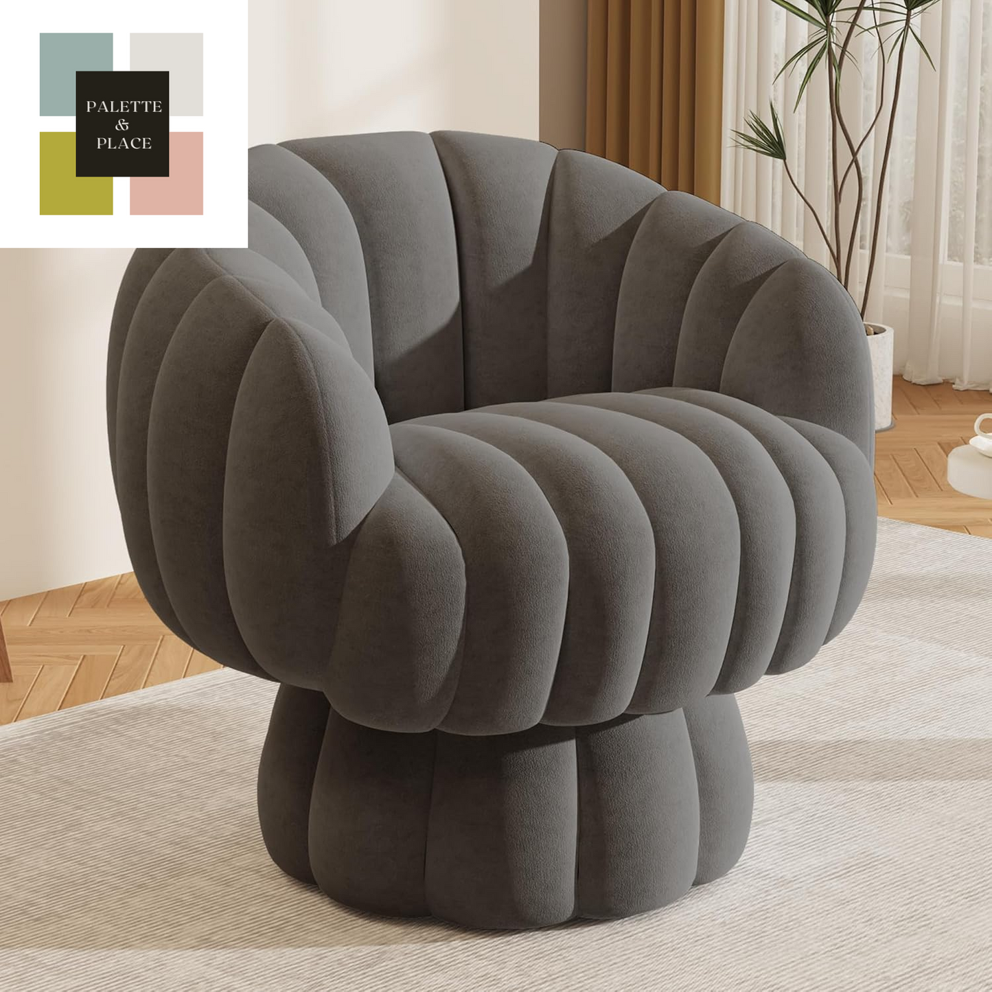 Mid Century Modern 360 Degree Barrel Swivel Accent Sofa Chair,Fluffy Velvet Fabric Lounge Wide Upholstered Pumpkin Reading Chair, round Cloud Armchair for Living Room,Bedroom,Vanity(Beige)