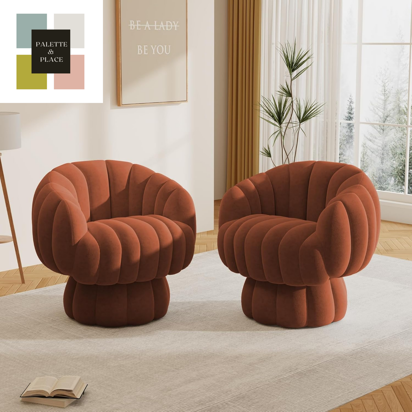 Mid Century Modern 360 Degree Barrel Swivel Accent Sofa Chair,Fluffy Velvet Fabric Lounge Wide Upholstered Pumpkin Reading Chair, round Cloud Armchair for Living Room,Bedroom,Vanity(Beige)