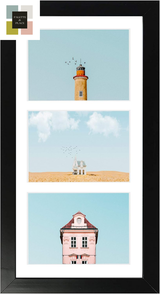 Golden State Art, 7X14 Black Photo Wood Collage Frame with Mat Displays (3) 4"X6" Pictures