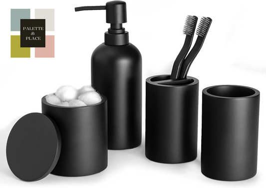 Black Bathroom Accessories Set – 4-Piece Matte Resin Vanity Organizer with Toothbrush Holder, Soap Dispenser, Tumbler & Cotton Swab Jar, Modern Countertop Decor for Guest Bathrooms