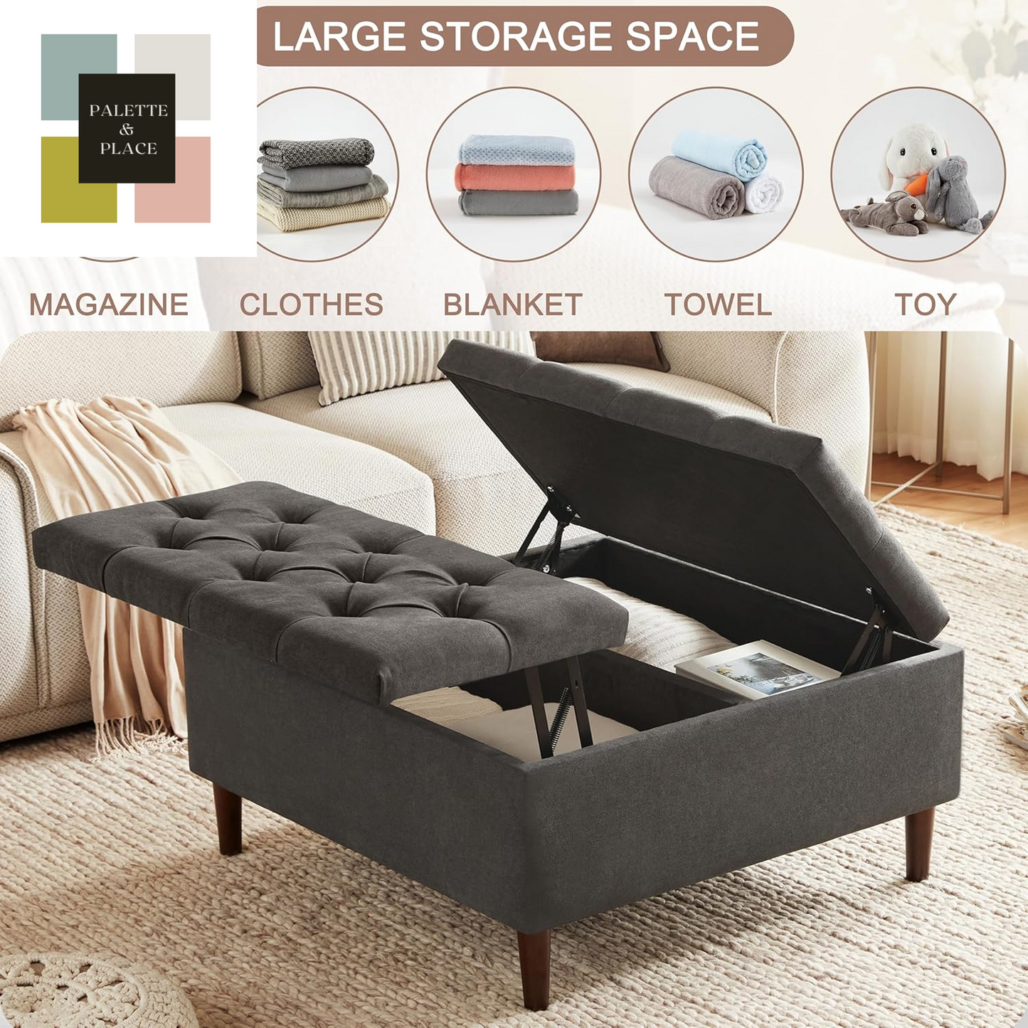 35 Inch Extra Large Storage Ottoman Coffee Table, No Assembly Required, Oversized Square Ottoman with Storage, Tufted Upholstered Ottomans Coffee Table for Living Room (Fabric, Dark Grey)