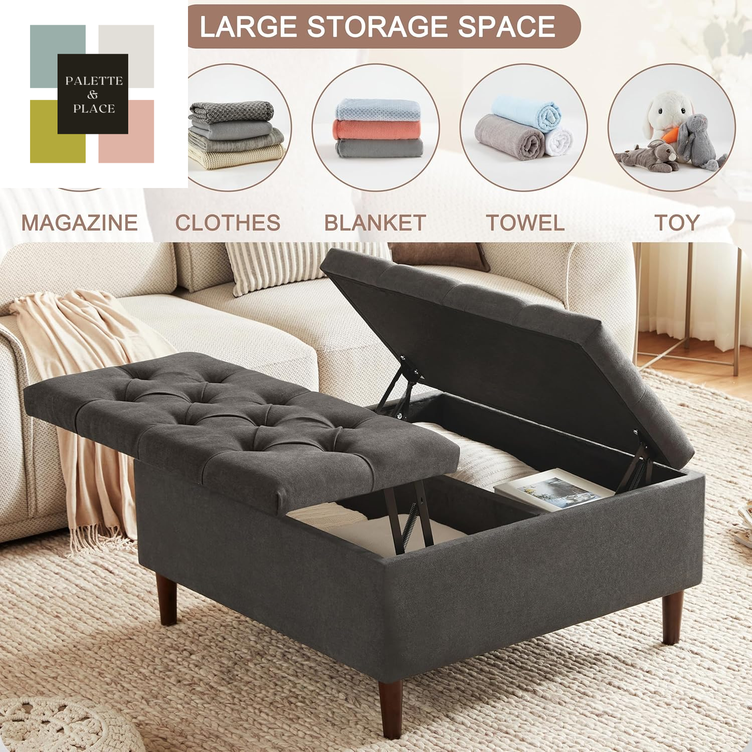 35 Inch Extra Large Storage Ottoman Coffee Table, No Assembly Required, Oversized Square Ottoman with Storage, Tufted Upholstered Ottomans Coffee Table for Living Room (Fabric, Dark Grey)