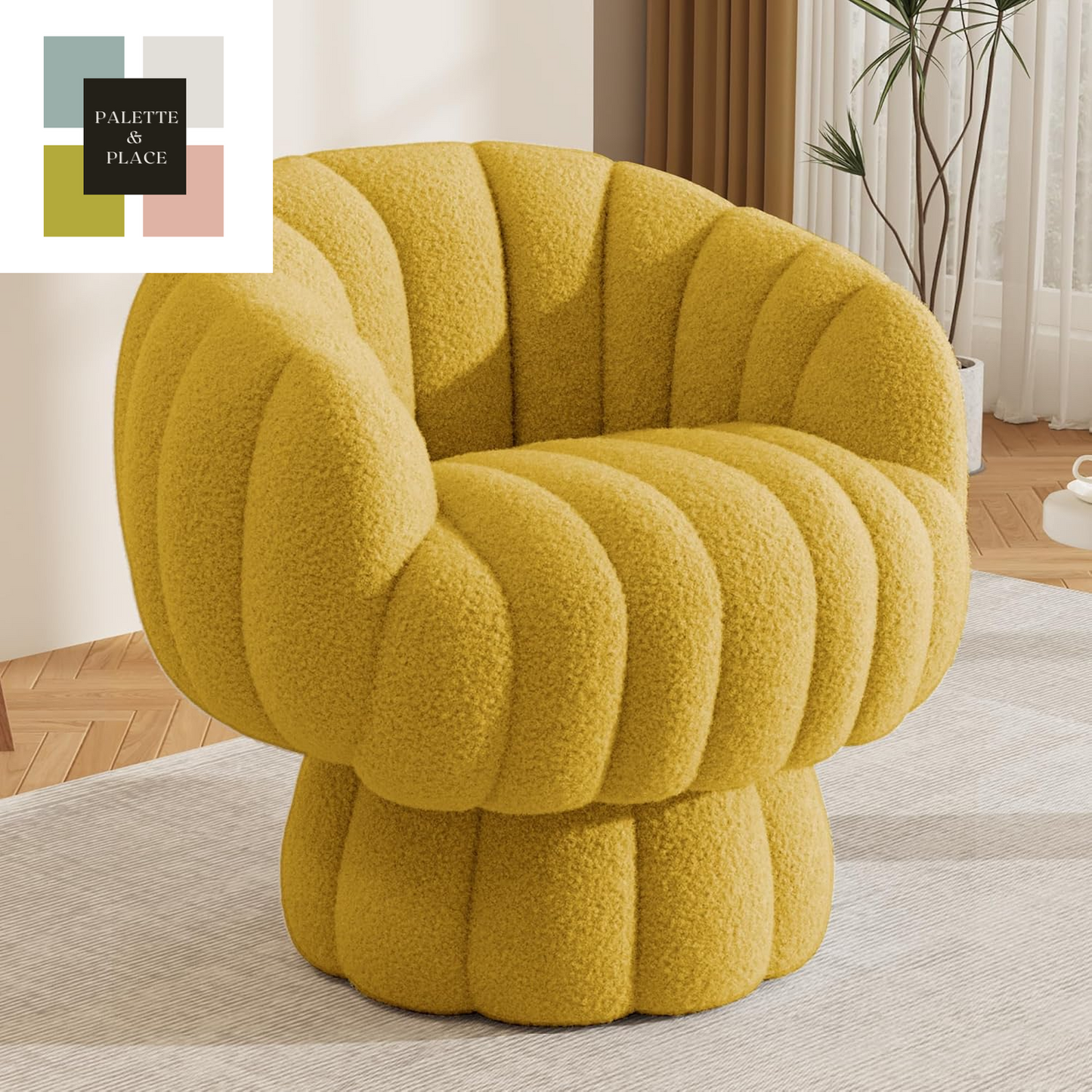 Mid Century Modern 360 Degree Barrel Swivel Accent Sofa Chair,Fluffy Velvet Fabric Lounge Wide Upholstered Pumpkin Reading Chair, round Cloud Armchair for Living Room,Bedroom,Vanity(Beige)