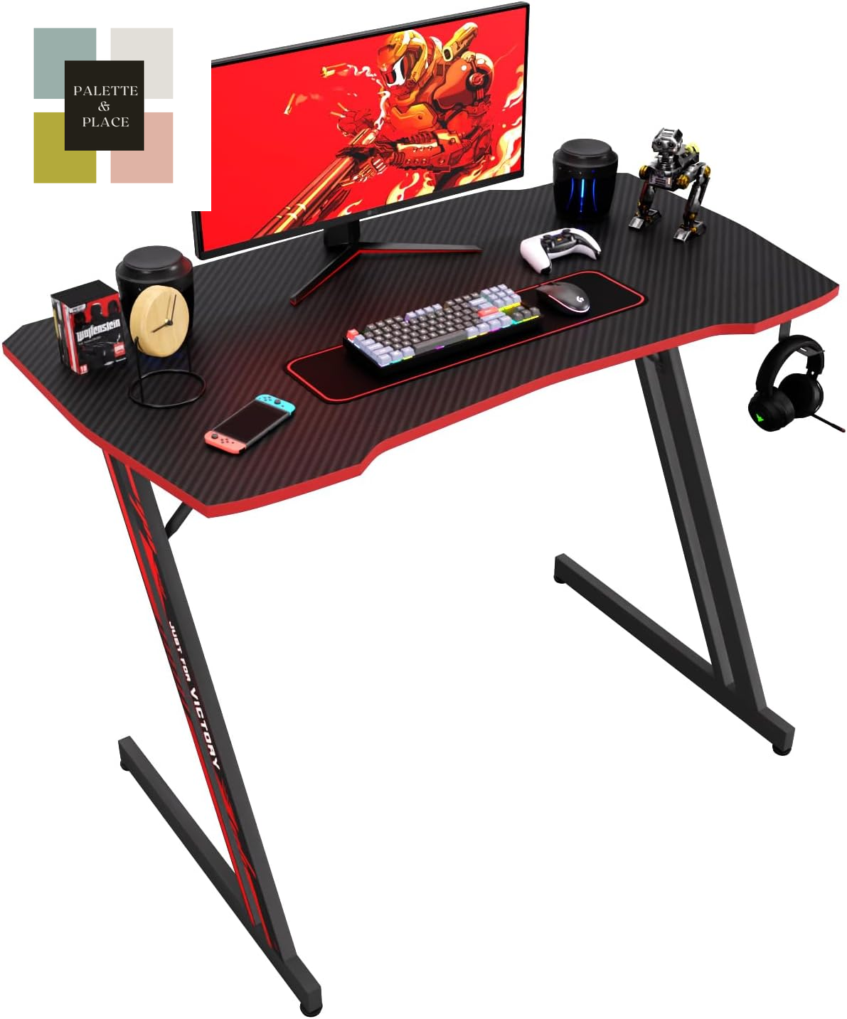 Bestoffice 39" Gmaing Desk Computer Gaming Desk Z Shaped Gaming Workstation Ergonomic Gaming Table with Headphone Hook for Game Players (Red)