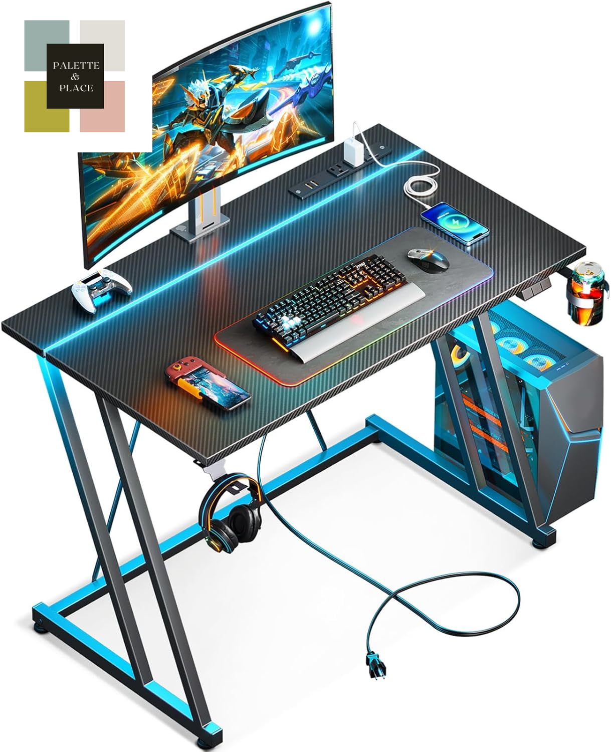 MOTPK 32 Inch Small Gaming Desk with LED Lights & Power Outlet, Computer Desk for Small Space, Gaming Table with Carbon Fiber Texture, Kids Desk Gift for Boys Men, Black