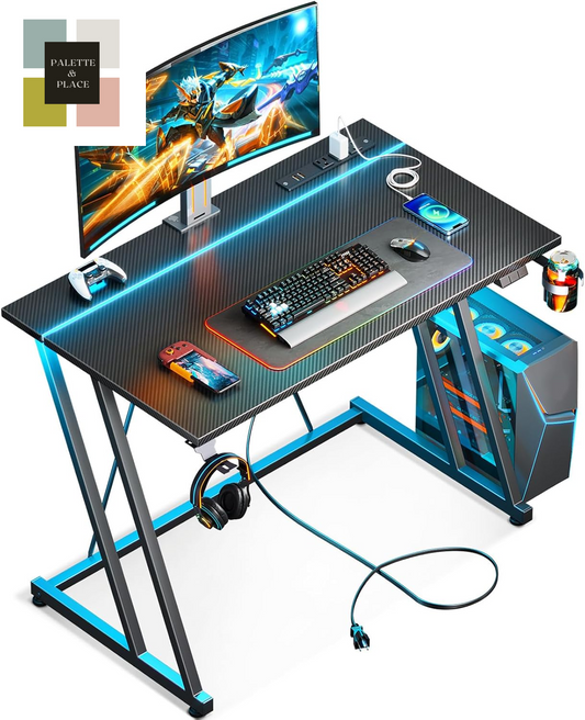 MOTPK 32 Inch Small Gaming Desk with LED Lights & Power Outlet, Computer Desk for Small Space, Gaming Table with Carbon Fiber Texture, Kids Desk Gift for Boys Men, Black