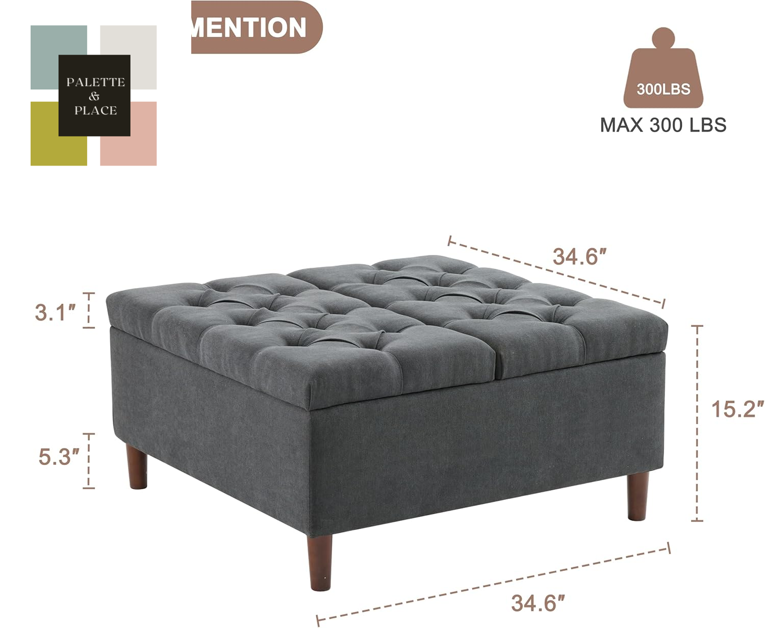 35 Inch Extra Large Storage Ottoman Coffee Table, No Assembly Required, Oversized Square Ottoman with Storage, Tufted Upholstered Ottomans Coffee Table for Living Room (Fabric, Dark Grey)