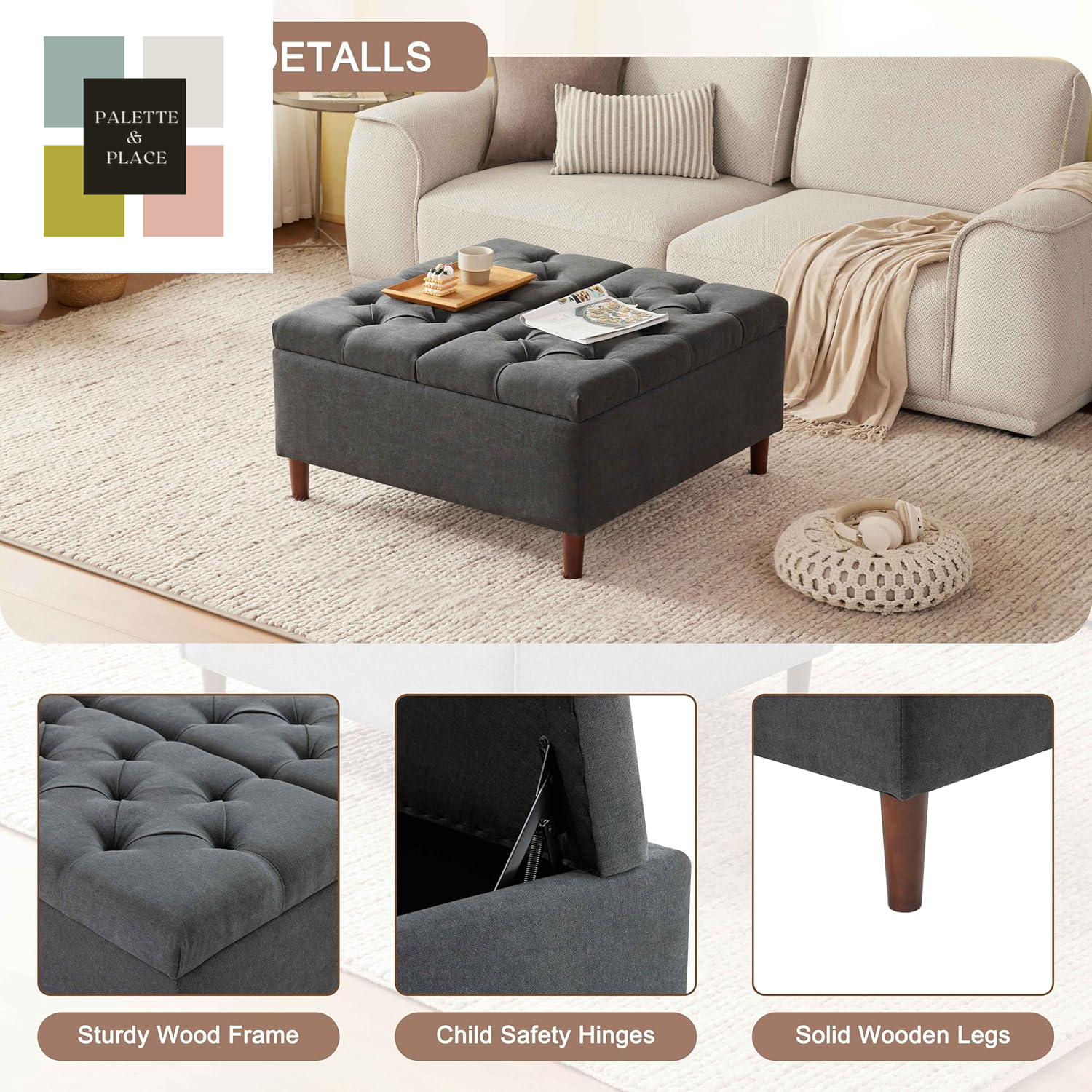 35 Inch Extra Large Storage Ottoman Coffee Table, No Assembly Required, Oversized Square Ottoman with Storage, Tufted Upholstered Ottomans Coffee Table for Living Room (Fabric, Dark Grey)