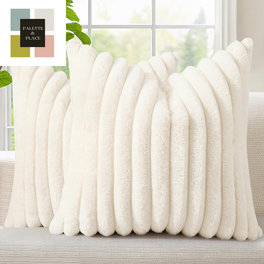 Decoruhome Faux Fur Fall Throw Pillow Covers 18X18 Set of 2, Decorative Soft Plush Striped Neutral Couch Pillow Covers with Velvet Back for Sofa, Bed, Living Room Home Decor, Cream White