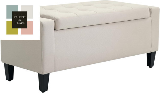 HOMCOM Storage Ottoman, Linen Upholstered Storage Bench with Lift Top and Button Tufted for Living Room, Beige