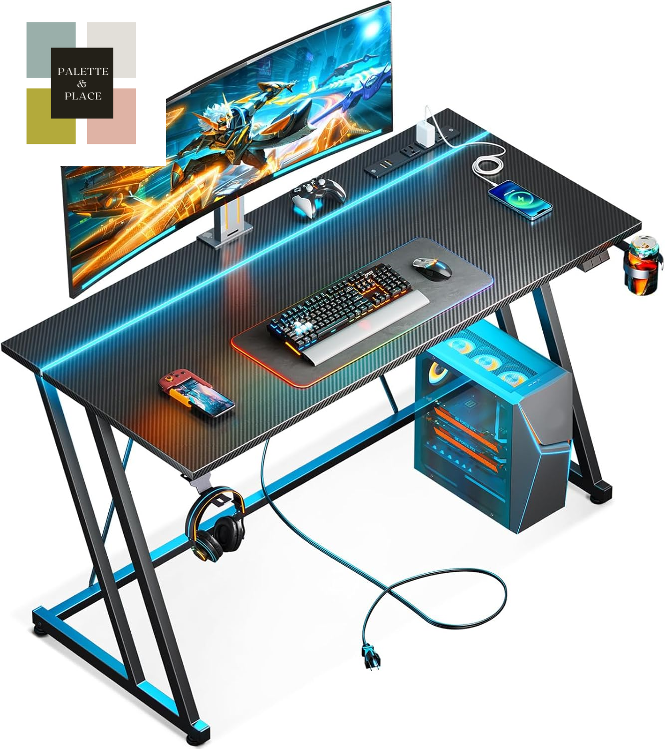 MOTPK 32 Inch Small Gaming Desk with LED Lights & Power Outlet, Computer Desk for Small Space, Gaming Table with Carbon Fiber Texture, Kids Desk Gift for Boys Men, Black