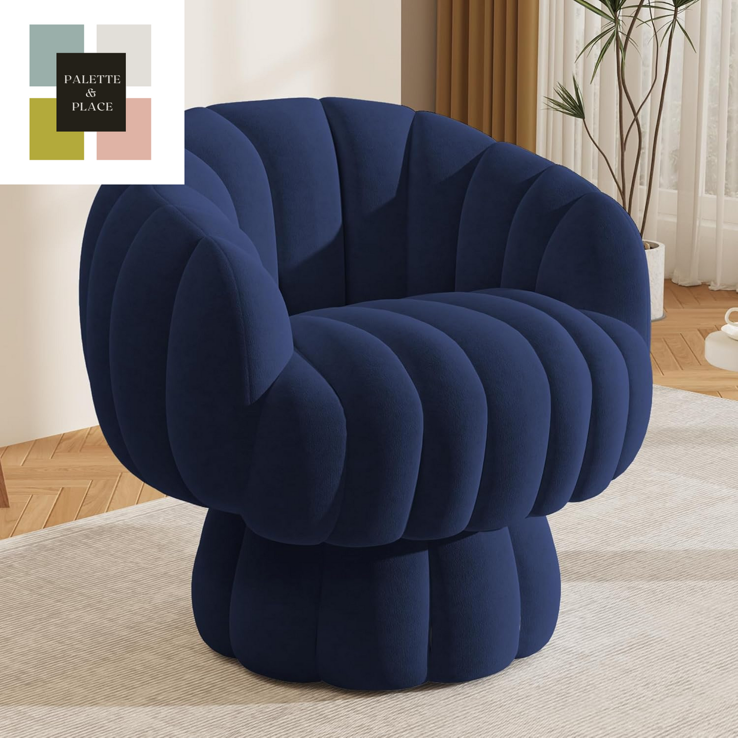 Mid Century Modern 360 Degree Barrel Swivel Accent Sofa Chair,Fluffy Velvet Fabric Lounge Wide Upholstered Pumpkin Reading Chair, round Cloud Armchair for Living Room,Bedroom,Vanity(Beige)