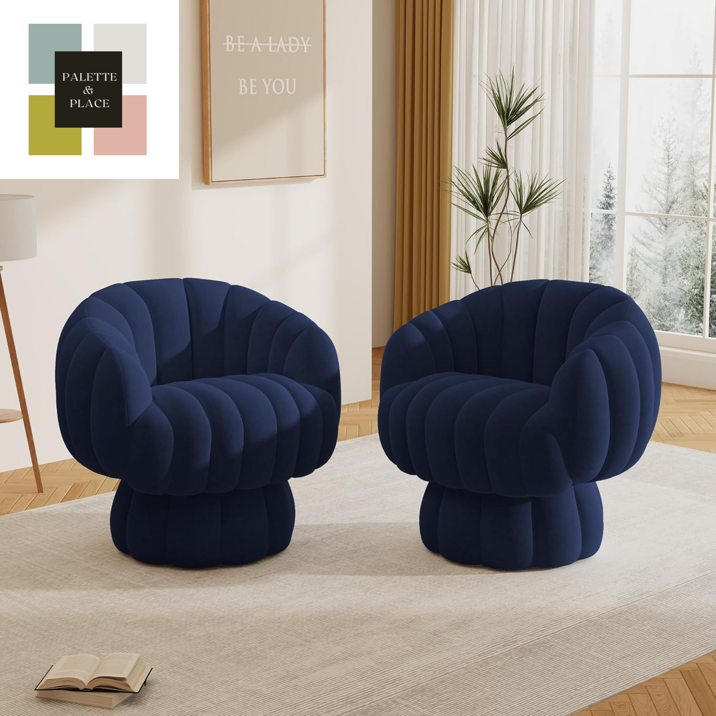 Mid Century Modern 360 Degree Barrel Swivel Accent Sofa Chair,Fluffy Velvet Fabric Lounge Wide Upholstered Pumpkin Reading Chair, round Cloud Armchair for Living Room,Bedroom,Vanity(Beige)