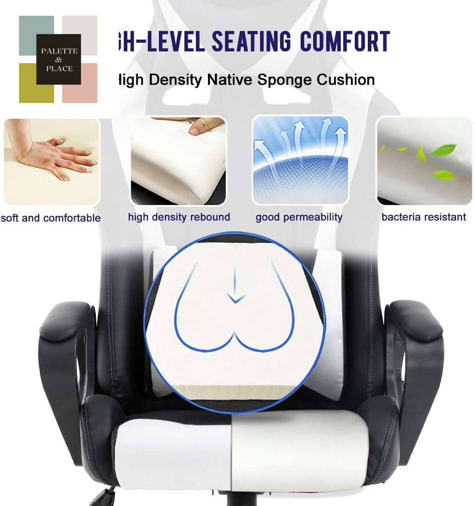 Bestoffice High-Back Gaming Chair PC Office Chair Computer Racing Chair PU Desk Task Chair Ergonomic Executive Swivel Rolling Chair with Lumbar Support for Back Pain Women, Men,White