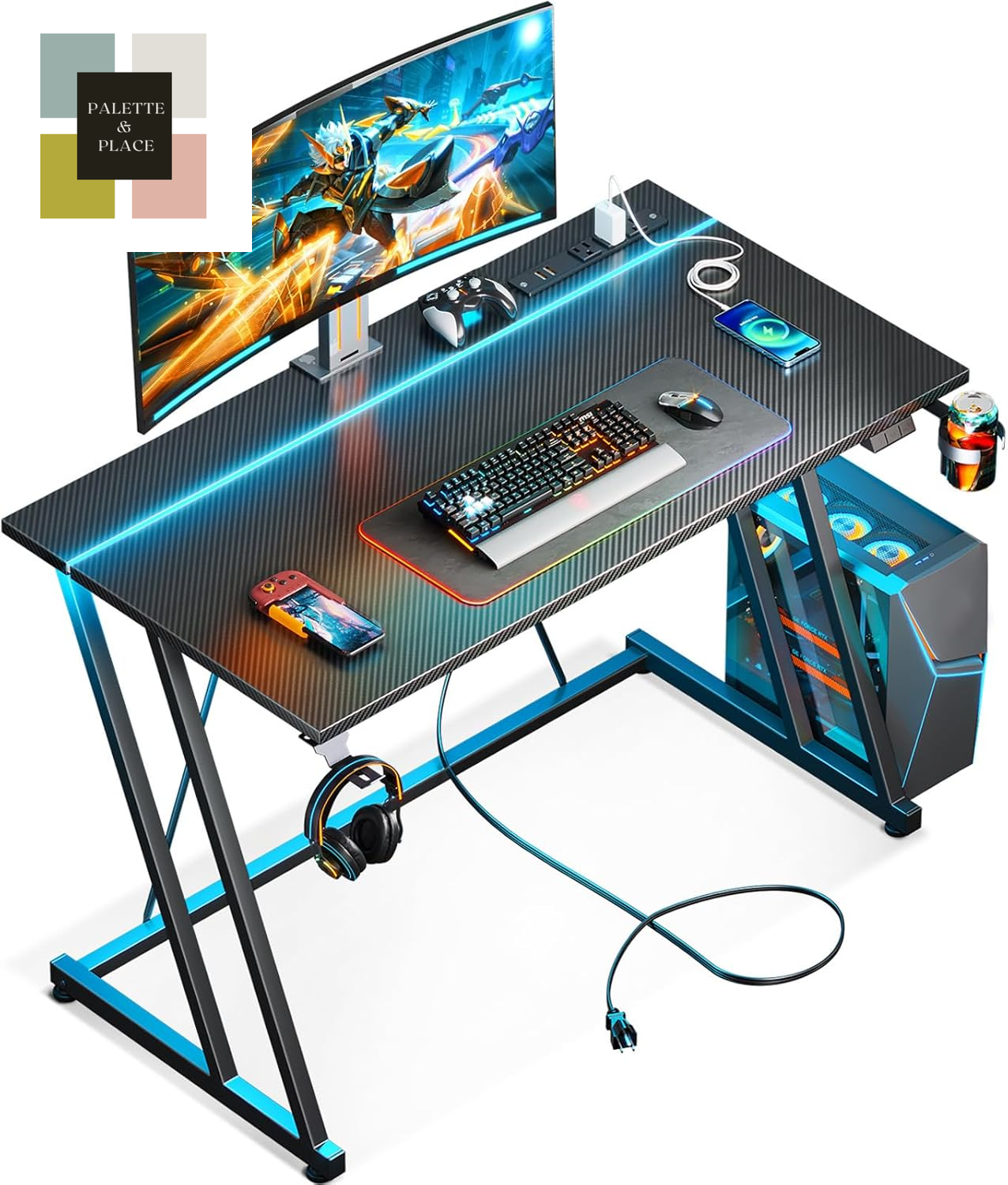 MOTPK 32 Inch Small Gaming Desk with LED Lights & Power Outlet, Computer Desk for Small Space, Gaming Table with Carbon Fiber Texture, Kids Desk Gift for Boys Men, Black
