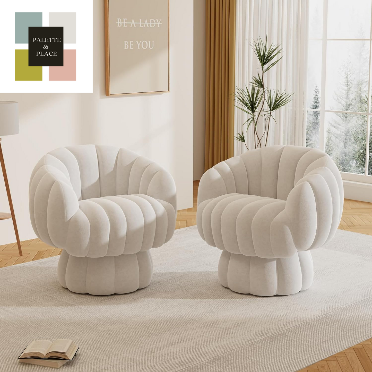 Mid Century Modern 360 Degree Barrel Swivel Accent Sofa Chair,Fluffy Velvet Fabric Lounge Wide Upholstered Pumpkin Reading Chair, round Cloud Armchair for Living Room,Bedroom,Vanity(Beige)